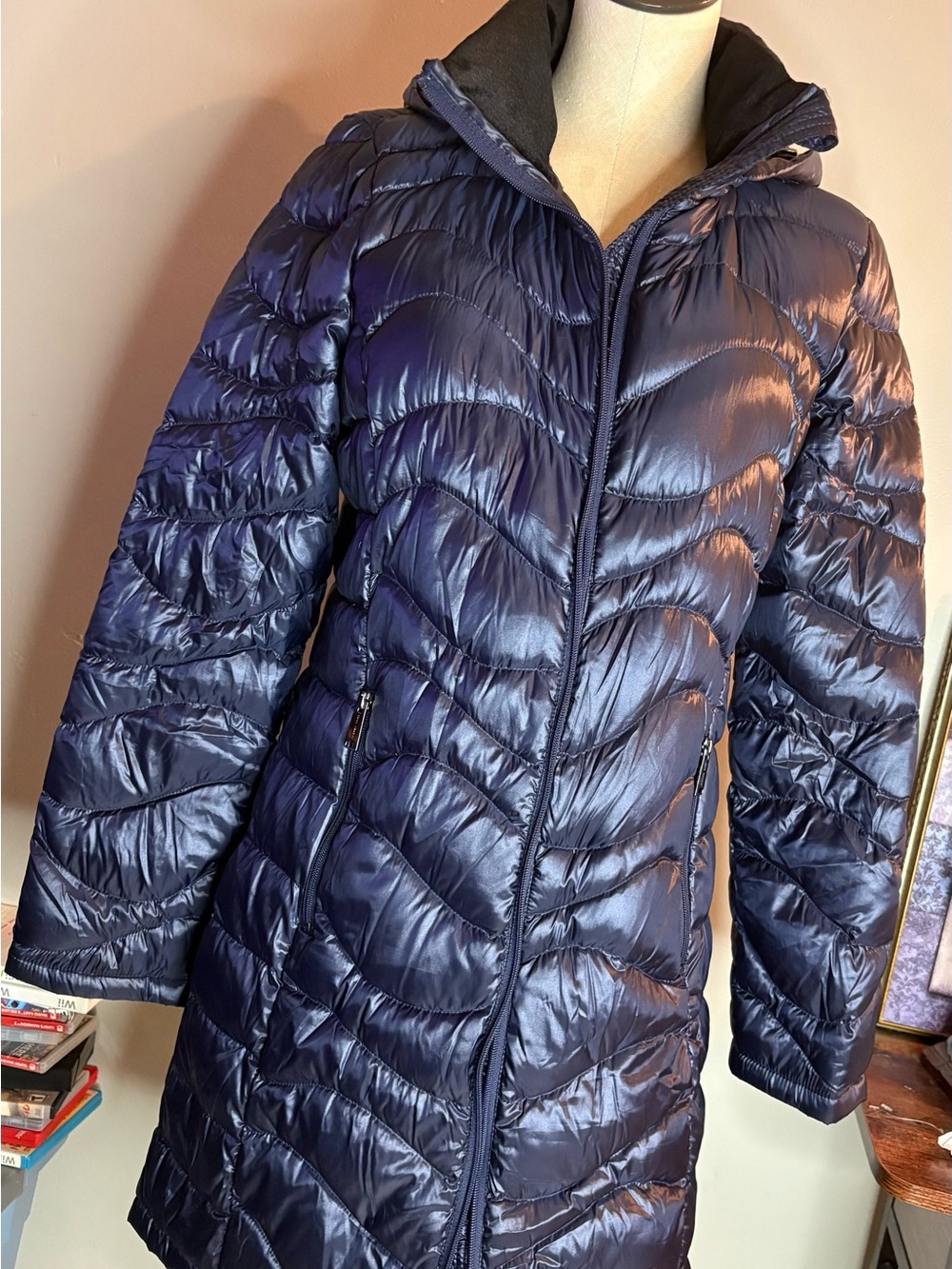 Andrew Marc Shiny Navy Long Quilted Puffer Coat
